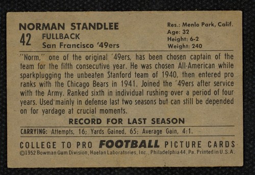 1952 Bowman Small #42 Norm Standlee ** San Francisco 49ers~ VG/EX - Picture 2 of 3