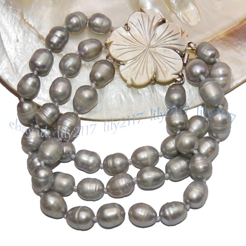 3 Rows 10-13mm Natural Silver Gray Baroque Pearl Bracelet 8" Shell Flower Clasp - Picture 4 of 10