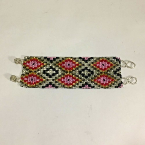 Vtg Style Bracelet Glass Seed Bead Woven Mosaic Pink Black Gold Red - Picture 6 of 9