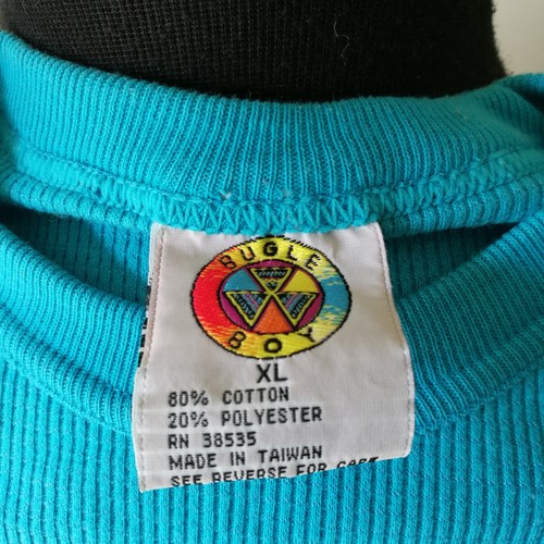 Vintage 90s Bugle Boy Two Tone Black Aqua Blue Long Sleeve Thermal Shirt Sz M - Picture 6 of 6