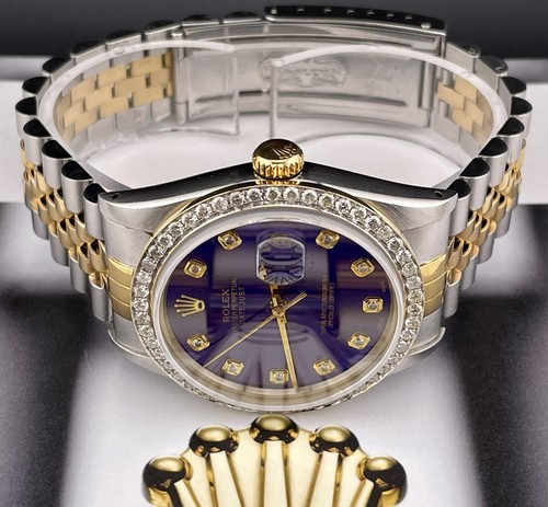 Rolex Mens Datejust 36mm 18k Yellow Gold & Steel ICED 1.75ct Diamonds Blue Dial - Picture 6 of 8