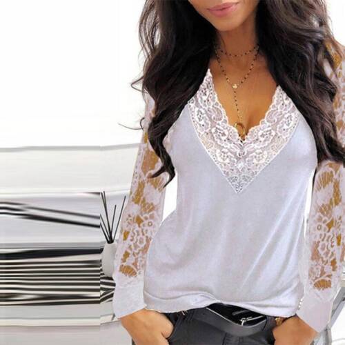 Womens Lace V-Neck Blouse Tops Gothic Sexy Long Sleeve Casual Loose T Shirt 6-14 - Picture 4 of 17