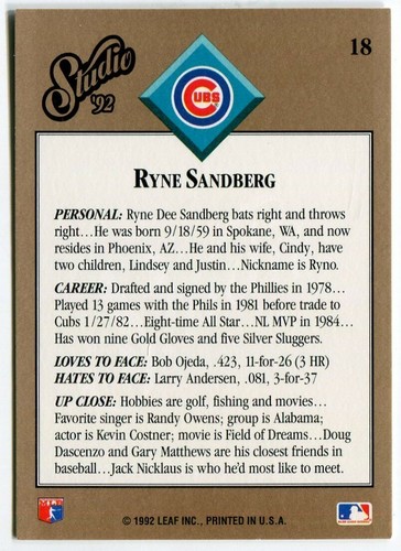 1992 Leaf Studio #18 Ryne Sandberg Chicago Cubs - Foto 2 di 2