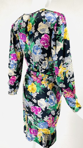 Vintage UNGARO Parallele Paris Silk Floral Faux Wrap Long Sleeve Draped Dress, S - Picture 7 of 11