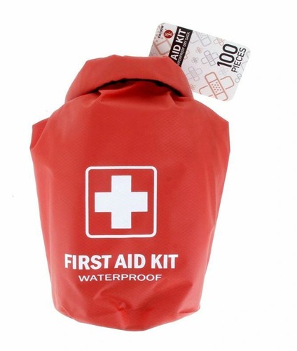 100 Pc First Aid Kit in a Waterproof Red Dry Sack FA-100 - Picture 2 of 6