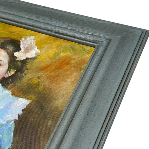 Original oil on panel painting Small Child Girl Holding Fruit Apple Peach Framed - Picture 6 of 11