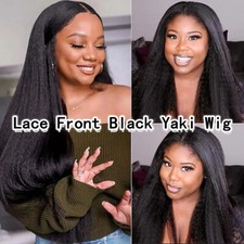 Long Black Kinky Straight Lace Front Wigs for Women Yaki Straight Wigs Glueless