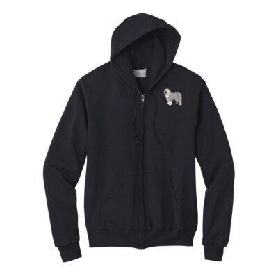 Old English Sheep dog embroidered full zip hoodie, custom dog embroidery hoodie