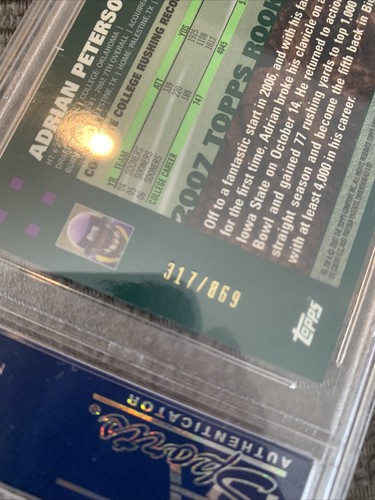 2007 TOPPS CHROME PSA 9 57/869 WHITE REFRACTOR ADRIAN PETERSON ROOKIE RC - Photo 9 sur 9
