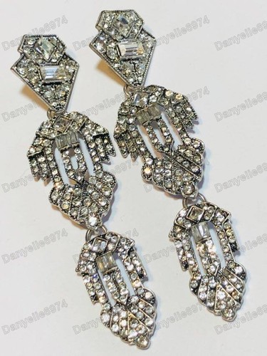 PENDIENTES COLGANTES DE CRISTAL geométricos ART DECO 4" de largo vintage plata estrás ESTUDS - Imagen 11 de 12