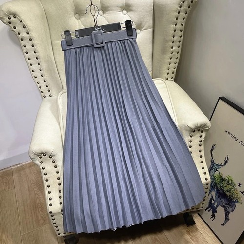 High Waist Plissee Midi Röcke mit Gürtel Neu Frühling Sommer Elegant Einfarbig - Bild 30 von 42