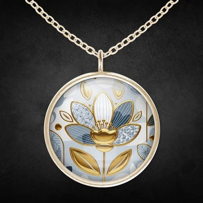 Halskette Kette Mit Rundem Amulett Anhänger Hellblau Blau Gold Frau Damen - Bild 1 von 4