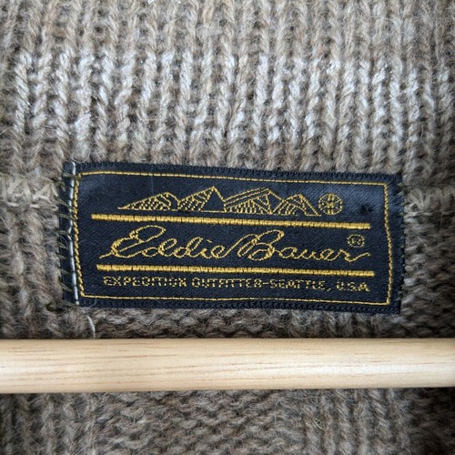 Vintage Eddie Bauer Wool Cardigan Sweater M Brown Cable Knit Patch Shawl Mens - Picture 9 of 10