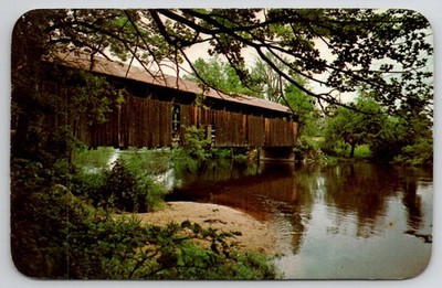 WHITES BRIDGE Flat River Lowell Belding Michigan Covered Bridge Postcard