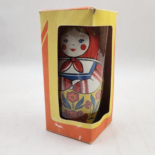 Vintage RUSSIAN NESTING DOLL 1970s Tin Matpewka Wind Up Toy USSR Works (NO KEY)