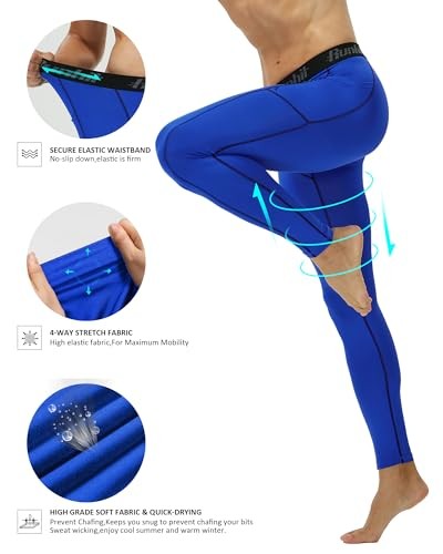 Mens Compression Pants Running Tights Pockets Sports Medium Blue Black Line - Picture 5 of 7