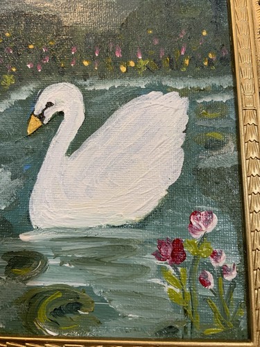Pintura acrílica floral firmada de metal H. Nellis “Swan Pond” arte de pared con marco dorado - Imagen 5 de 11