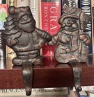 Rustic Heavy Cast Iron Snowman & Santa Christmas Stocking Holder