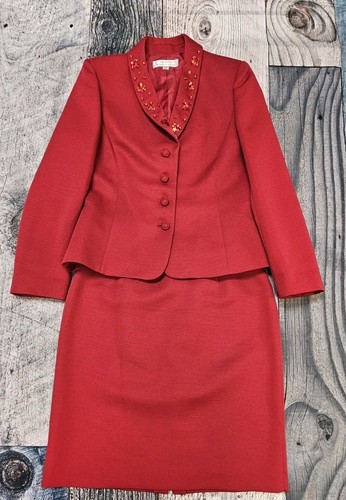 Tahari Arthur S. Levine Damen 2-Teiler Rock Anzug Größe 12 Rubinrot Verziert  - Bild 2 von 20