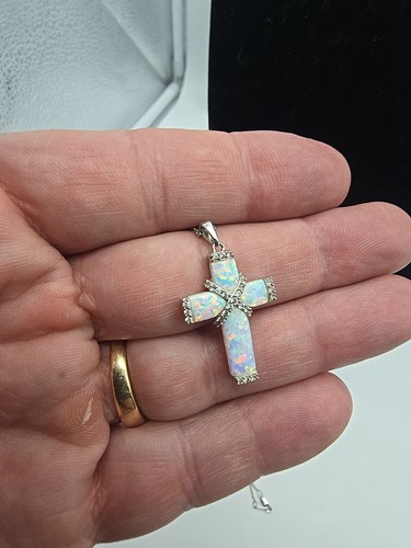 Sterling Silber und Opal Kreuz Halskette 18 Zoll - Bild 3 von 7