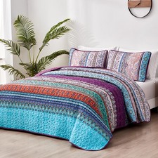 Image of 3 Piece Bohemia Striped Quilted Bedspread Bedding Set Throws Double King Sizes