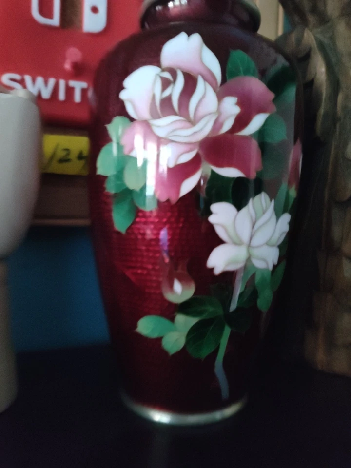 Jarrón japonés Cloisonne Paloma Sangre Rosa Roja Akasuke Período Ando Showa De colección 6" Foto 2 de 4