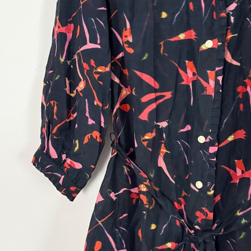 Trovata Paradis Vögel marineblau bedruckt Knopfleiste Taille zum Binden Hemdkleid - Small - Bild 4 von 5