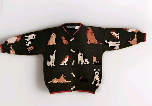 Christine Foley Childrens Dog Sweater Cardigan Bone Buttons 7/8 VGC Green Multi - Picture 2 of 7