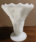 Vintage Milk Glass Vase Grape Vine Scalloped Edge  Footed 6”