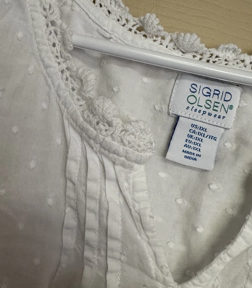 Sigred Olsen Cotton Night Gown White Size 1X Crochet Edge Trim - Image 4 of 4