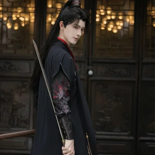 Schwarz rot Hanfu Kleid Männer Stickerei Kreuz Kragen Kostüm Schwertkämpfer Cosplay Anzug - Bild 2 von 8