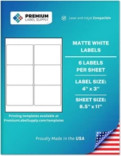 Premium Label Supply White Sticker Labels – 4" X 3" – Laser/Inkjet Compatible – 