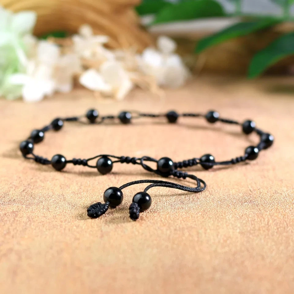 Obsidian Stone Anklet Bracelet Natural Black Gemstone Crystal Braided Anklet - Image 4 of 4
