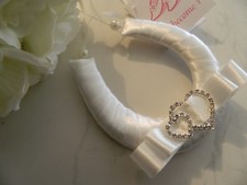 WEDDING BRIDAL GOOD LUCK CHARM - DIAMANTE DOUBLE HEARTS- IVORY SATIN