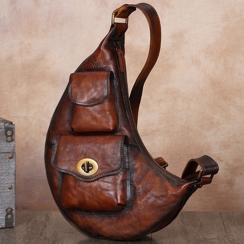 Genuine Leather Large Sling Bag for Men Women Sling Backpack Purse Crossbody Bag - Picture 3 of 15