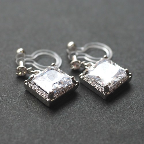 Dangle Silver Cubic Zirconia CZ Crystal Square Drop Invisible Clip On Earrings - Picture 9 of 12