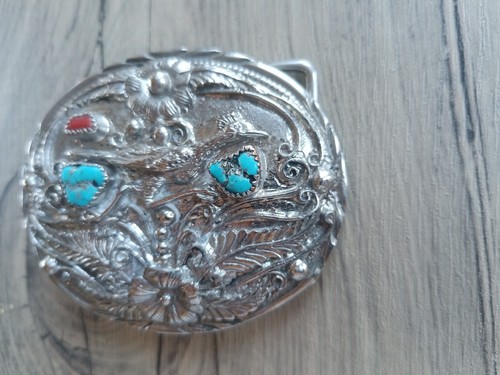Turquoise Belt Buckle In Silver W/ Coral Flower Roadrunner Native American SSI - Picture 4 of 5