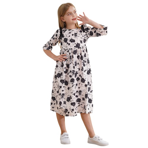 Kids Girls Sundress Party Dresses Modest Dress 3/4 Sleeve Costume Holiday Gown - Picture 12 of 59