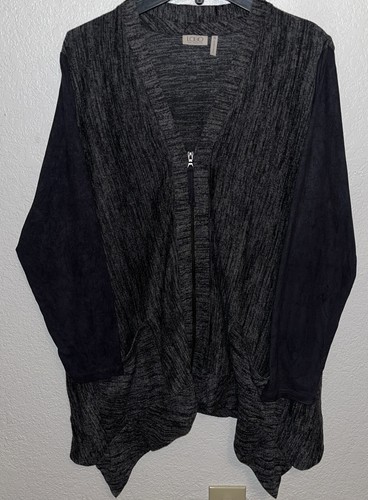 LOGO Lori Goldstein Women Sz XL Heather Gray Asymmetric Knit Sweater Full Zip - Picture 6 of 10
