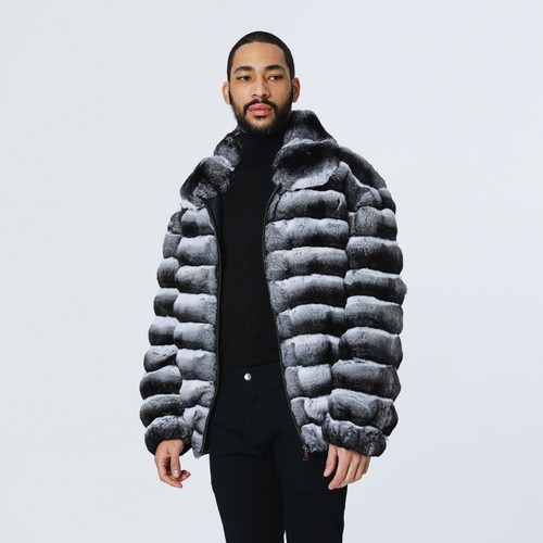 Men Real Rex Rabbit Fur Coat Natural Chinchilla Bomber Jacket Winter Fur Outwear - Picture 4 of 5