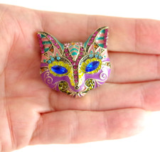 MINI 1.25" NEW DESIGNER STYLE CRYSTAL RHINESTONE ENAMEL CAT FACE MASK BROOCH PIN