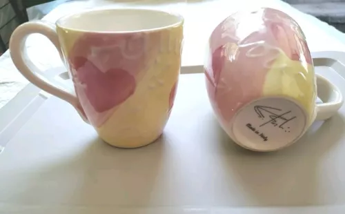 Vintage Italian Ceramic Coffee Mugs 2 Hand Painted In Italy Raised Lettering