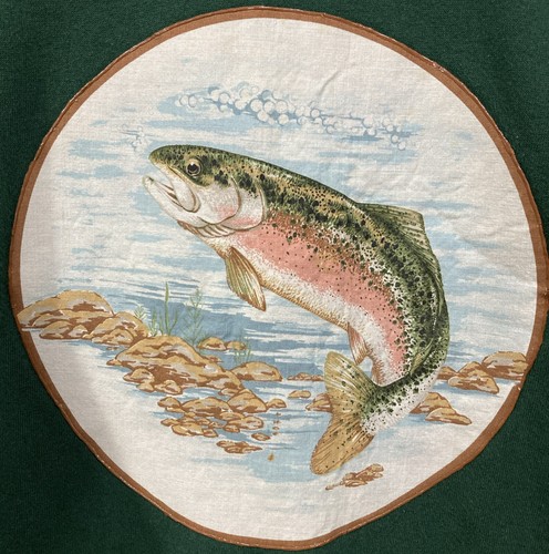 VINTAGE Green Rainbow Trout Patch Adult X-Large Jerzees Sweatshirt USA Men's - Picture 2 of 7