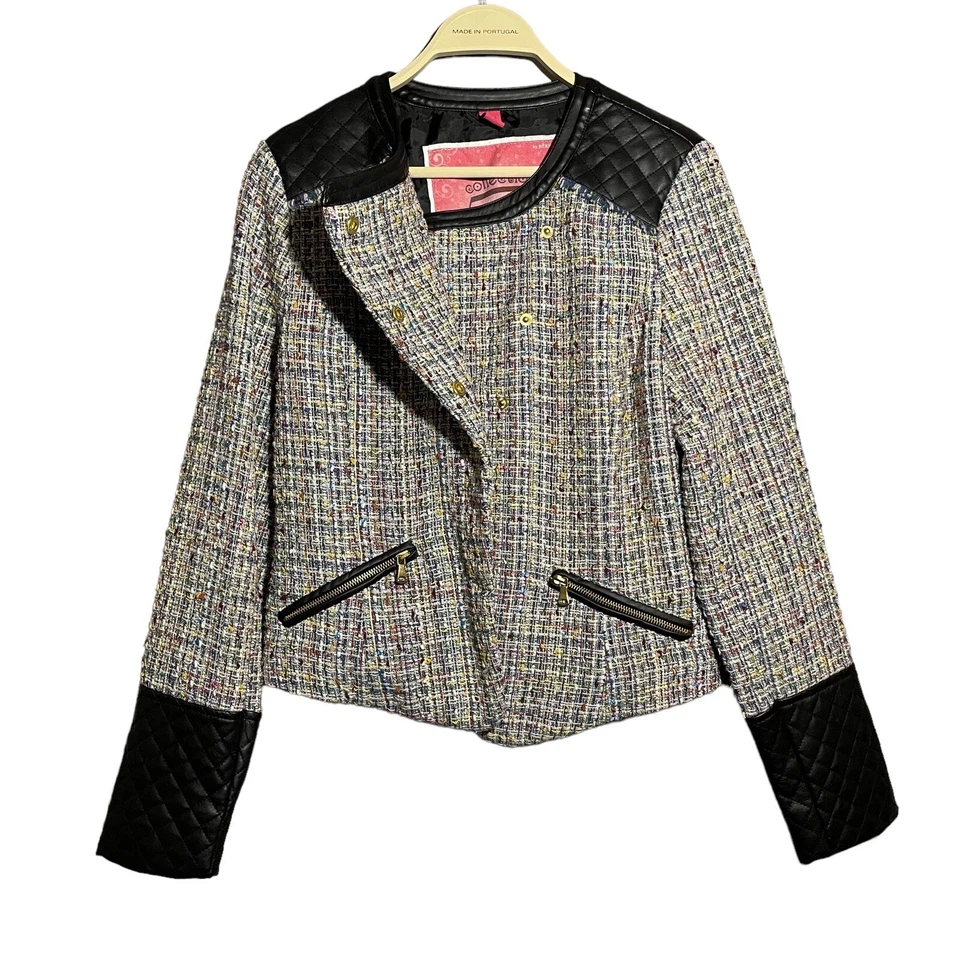 Chaqueta Blazer Traje Bernardo Lana Tweed Negocios Mujer Talla M Cuero Vegano Borde Foto 3 de 4