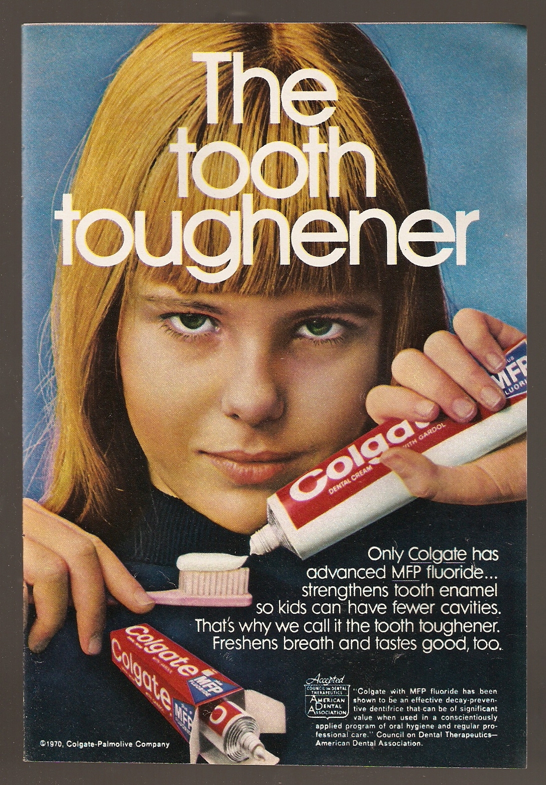 1970 COLGATE TOOTHPASTE PRINT AD ADVANCED MFP FLUORIDE PRETTY GIRL