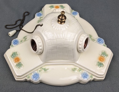 Porcelain PORCELIER Basketweave 3-Bulb Ceiling Fixture: Art Deco & MCM, Restored - Picture 2 of 9