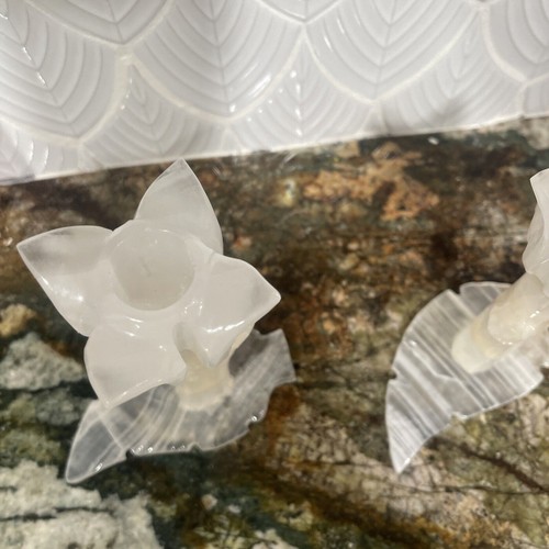 Set Of Stone Candlesticks Flower•Carved•Onyx/Alabaster SM Chips In Each Flower. - Picture 3 of 7