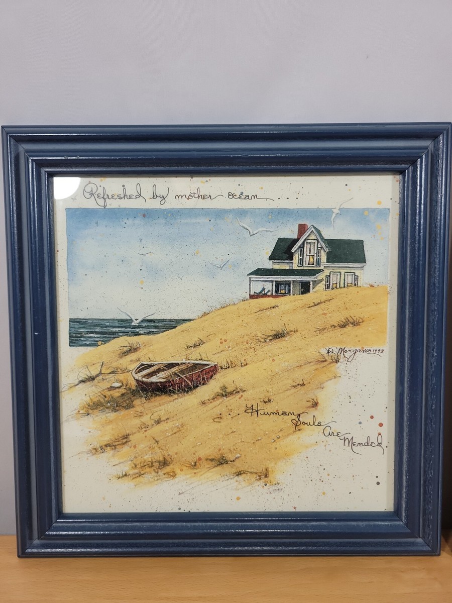 D Morgan Beach house Set of 2 Prints Blue Framed 11X11 Beach