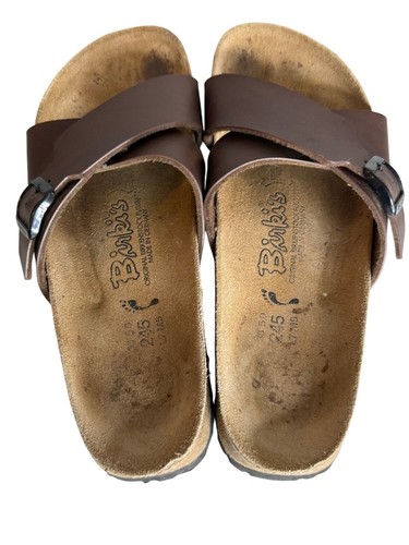 Birkis Cross-Strap Brown Leather Sandals Comfortable Cork Sole Slip-On Casual 7 - Picture 3 of 6