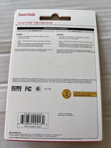 Sandisk Cruzer Glide. USB 2.0 FlSh Drive. 32 GB ( SDCZ60-032G-AW46) New. Sealed - Picture 2 of 2